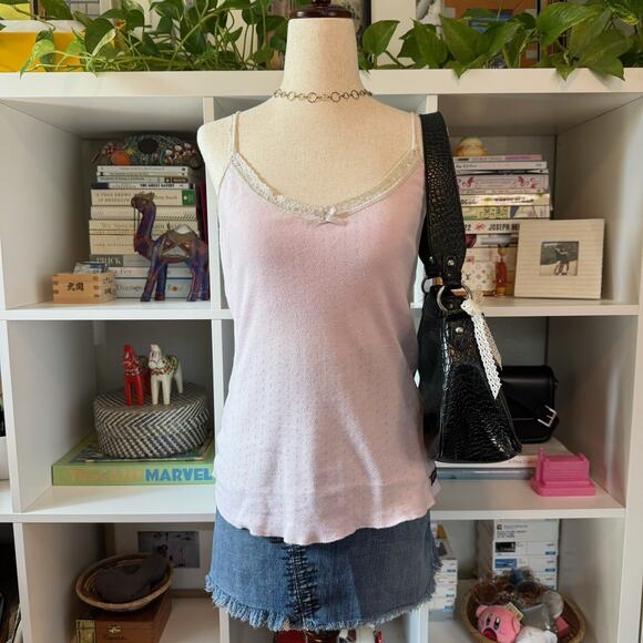 Roxy Vintage Y2K Eyelet Beaded Lace Slim Cami Preppy Tank Top - Pink Wms M - Picture 1 of 13